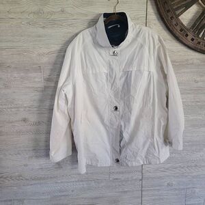 Mackintosh Rain Coat White Sail Boats Womens SZ 3XL Shoulder Pads New England